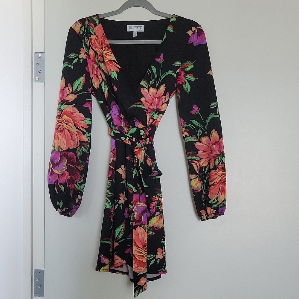 Reiss Pink and Black Wrap Dress with Bishop Sleeves